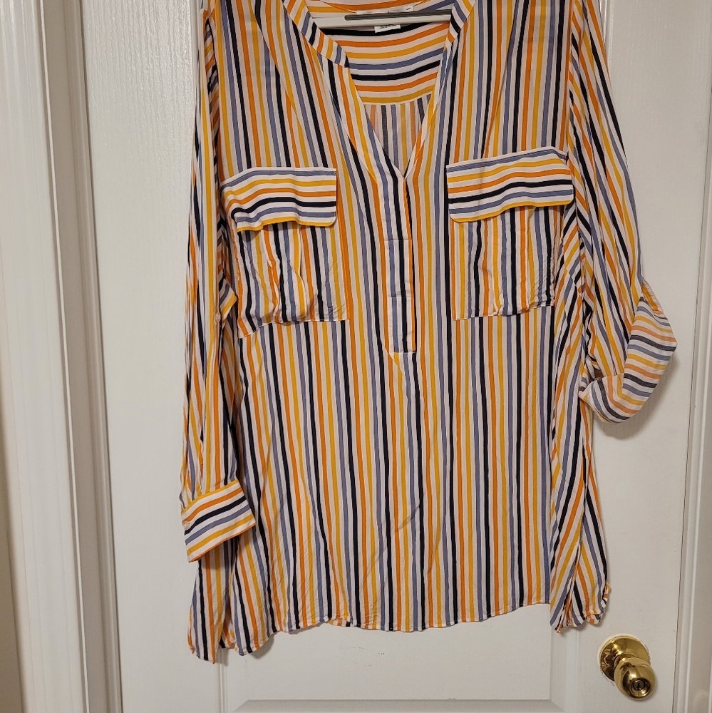 4X - Striped Blouse with buttons halfway.